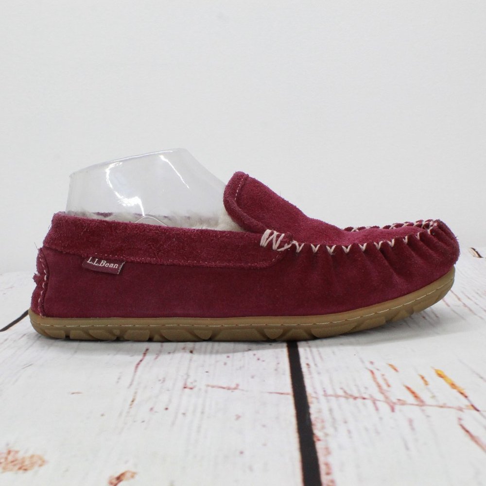 LL Bean Maroon Suede Shearling Lined Wicked Good Venetian Slippers 7 M - Picture 1 of 9